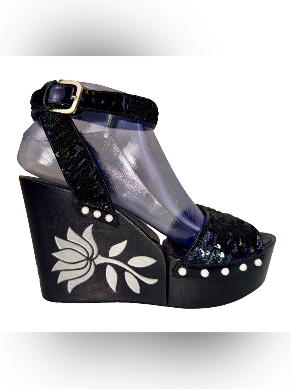 CHANEL BLACK SEQUIN WOODEN PLATFORM WEDGES